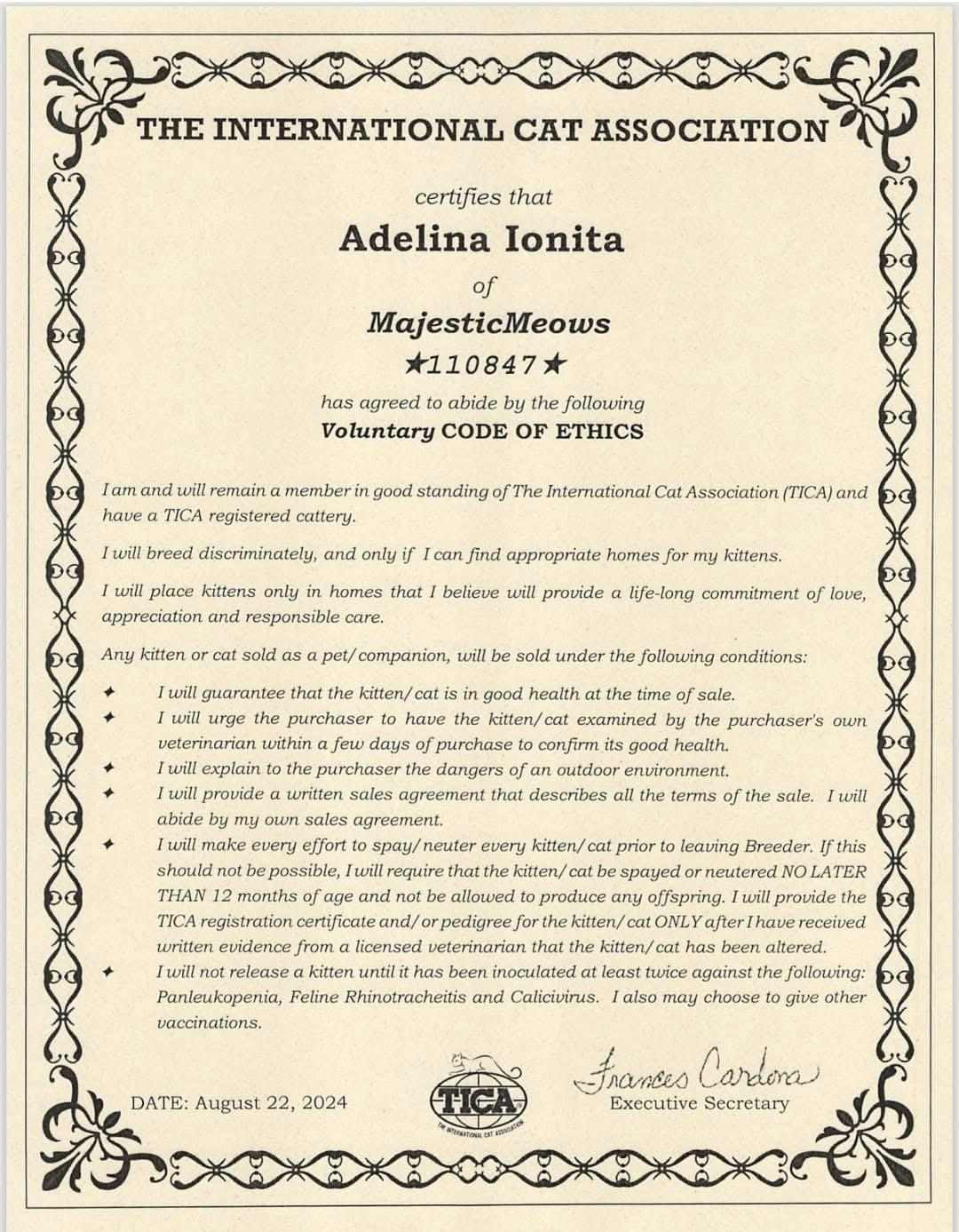 TICA Registration Certificate 2